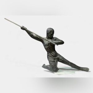20th C. Bronze Sculpture mounted on marble base, Man with Spear 24"x12"